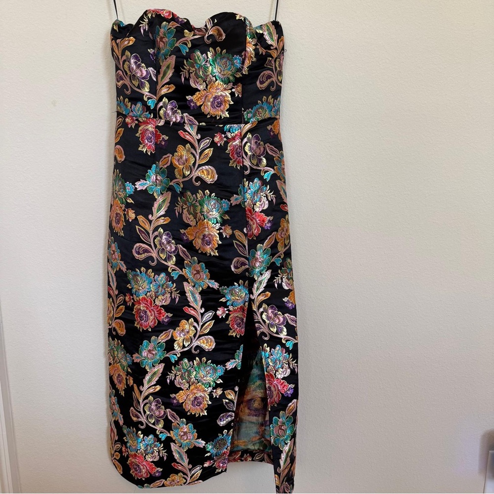 Olia Ganni Jacquard Strapless Midi Dress | Black Multicolor Floral Brocade | XS